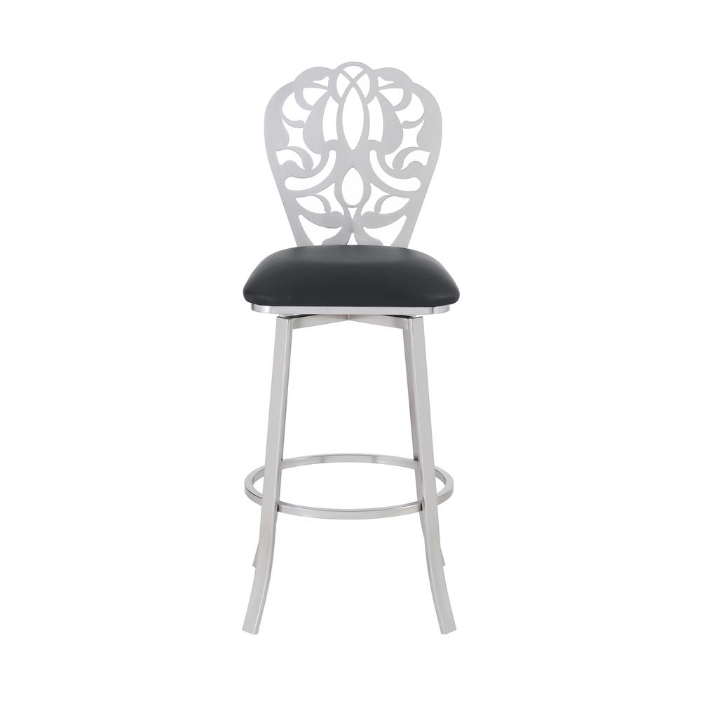 Contemporary 26" Counter Height Barstool in Brushed Stainless Steel Finish - Black Faux Leather. Picture 2