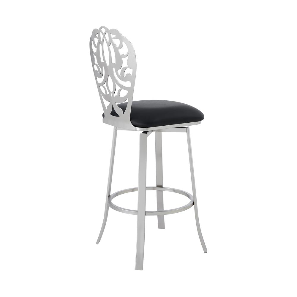 Contemporary 26" Counter Height Barstool in Brushed Stainless Steel Finish - Black Faux Leather. Picture 3