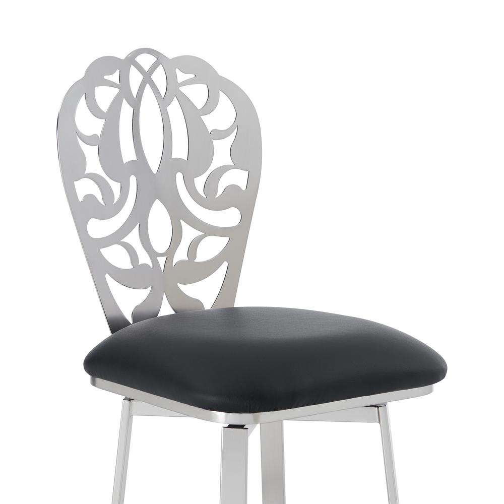 Contemporary 26" Counter Height Barstool in Brushed Stainless Steel Finish - Black Faux Leather. Picture 4