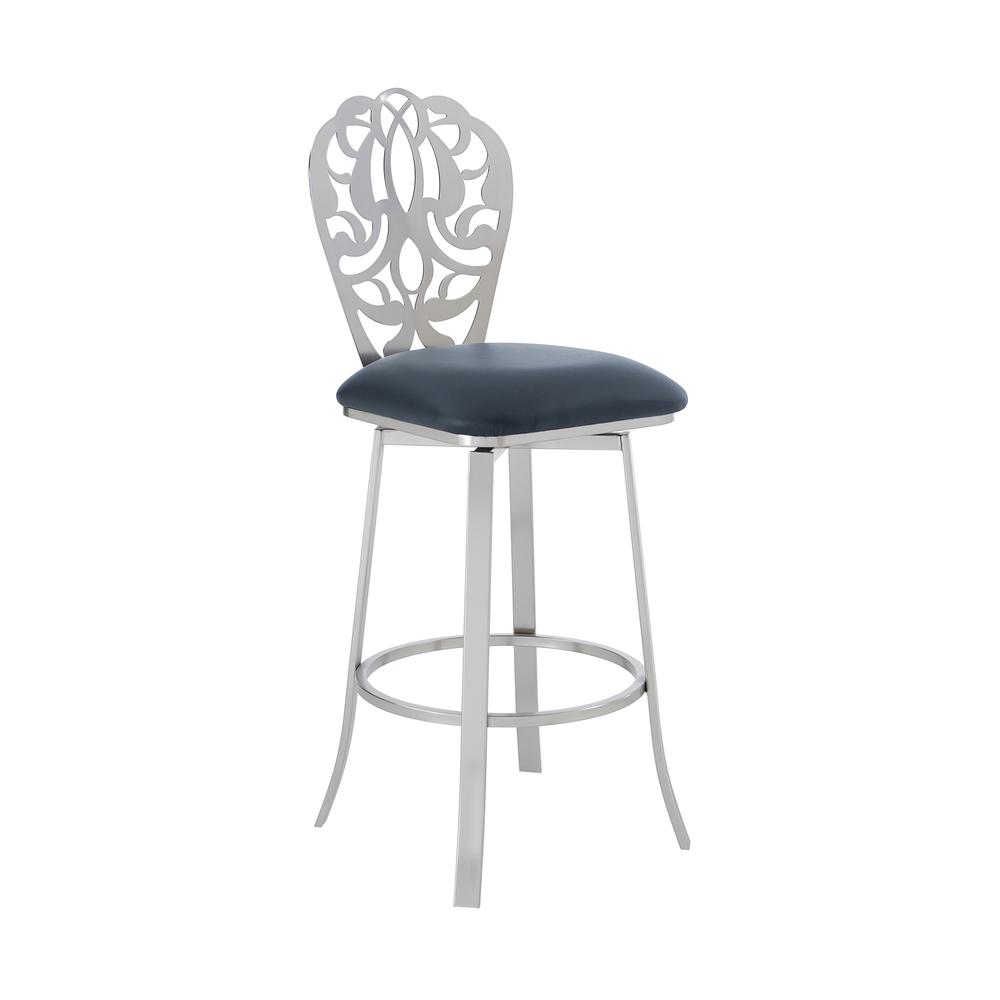 Cherie Contemporary 30" Bar Height Barstool in Brushed Stainless Steel Finish and Grey Faux Leather. Picture 1