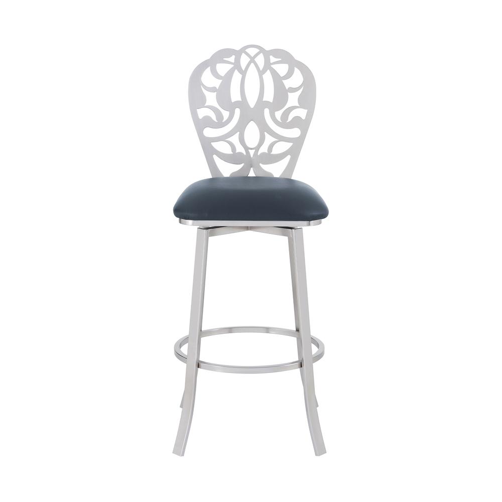 Cherie Contemporary 30" Bar Height Barstool in Brushed Stainless Steel Finish and Grey Faux Leather. Picture 2