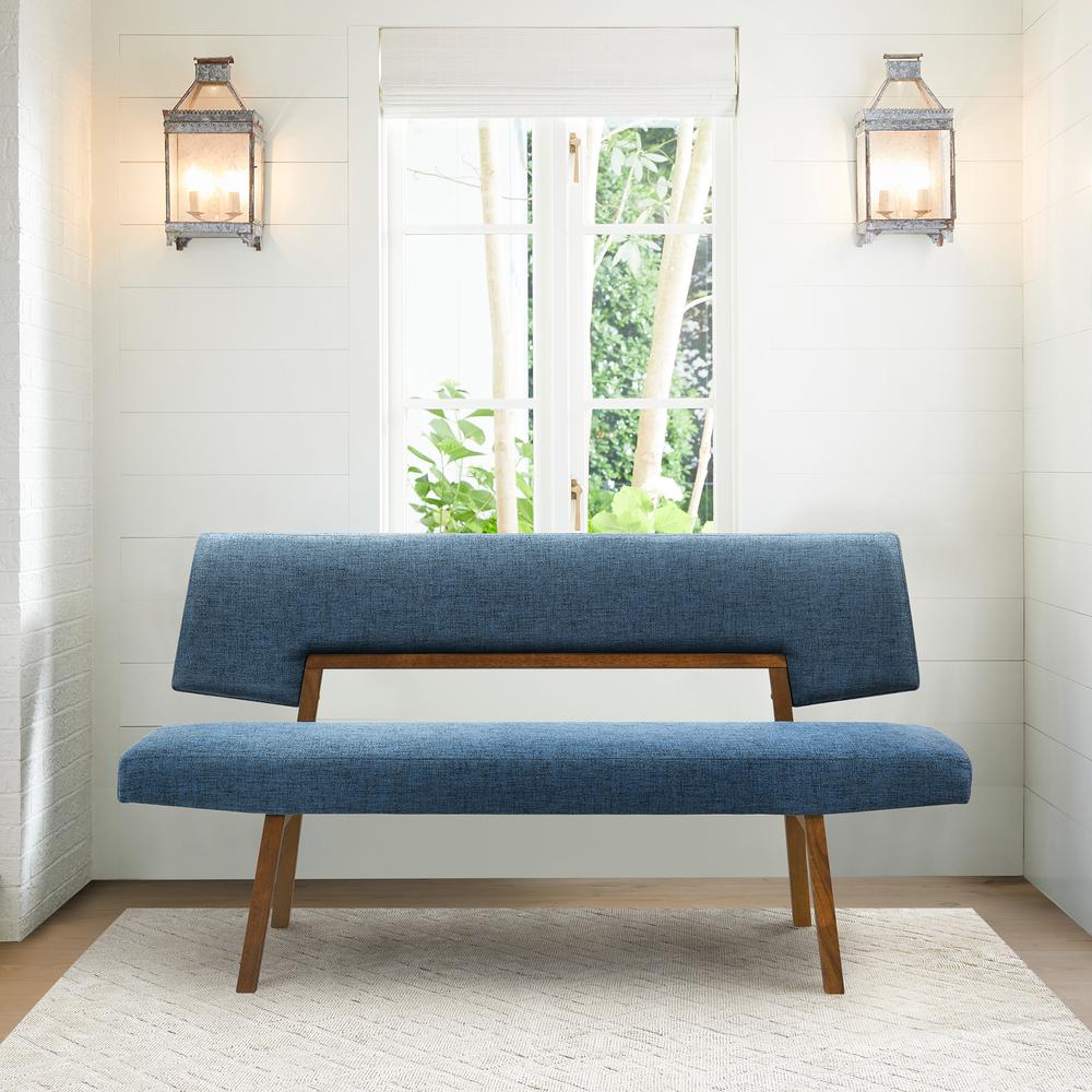 Channell Wood Dining Bench in Walnut Finish with Blue Fabric. Picture 7