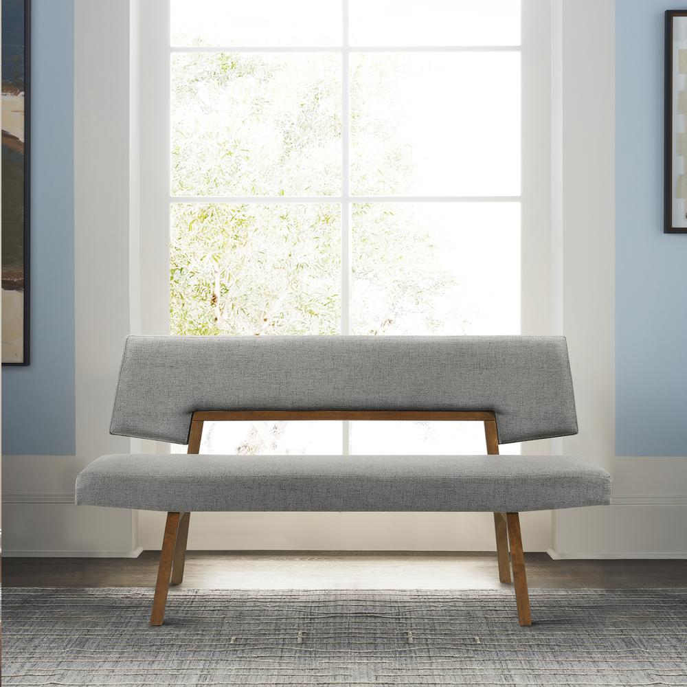 Channell Wood Dining Bench in Walnut Finish with Charcoal Fabric. Picture 7