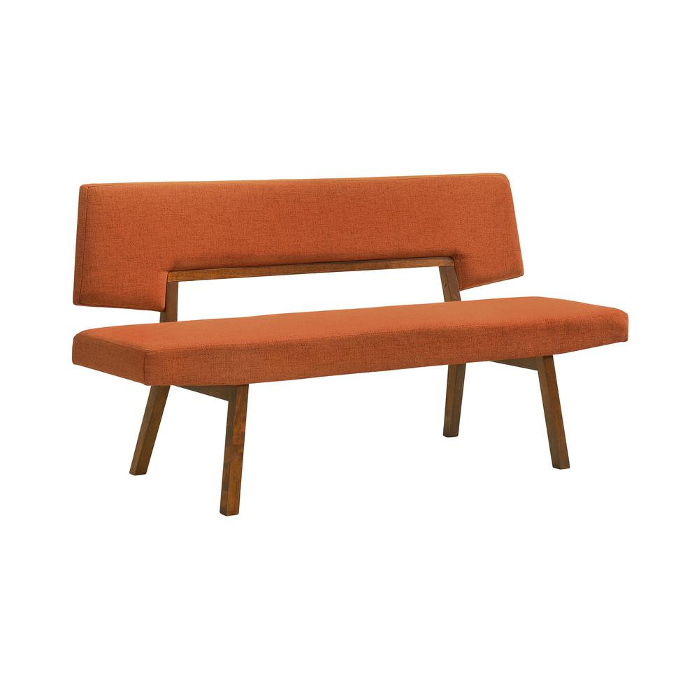 Channell Wood Dining Bench in Walnut Finish with Orange Fabric. Picture 2