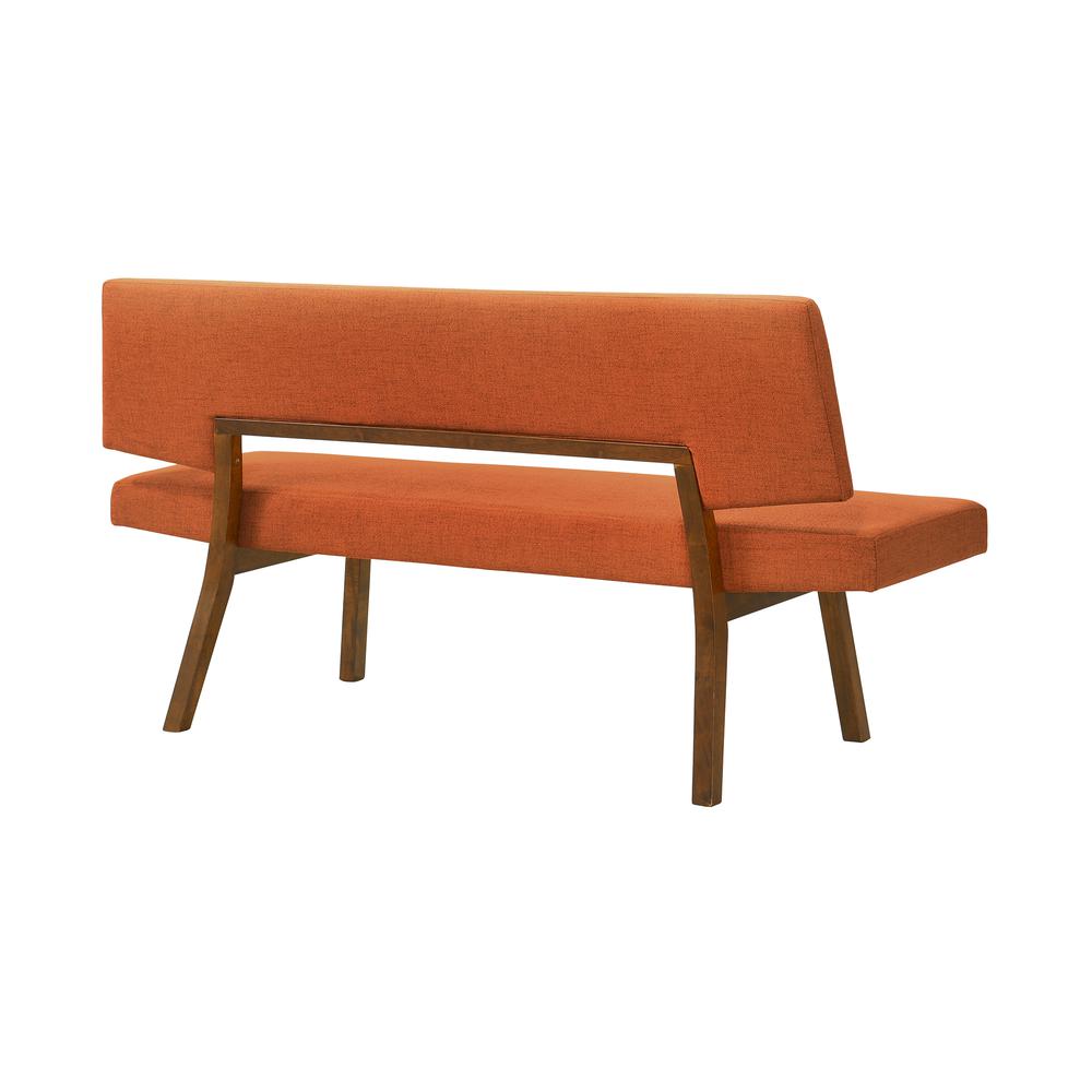 Channell Wood Dining Bench in Walnut Finish with Orange Fabric. Picture 3