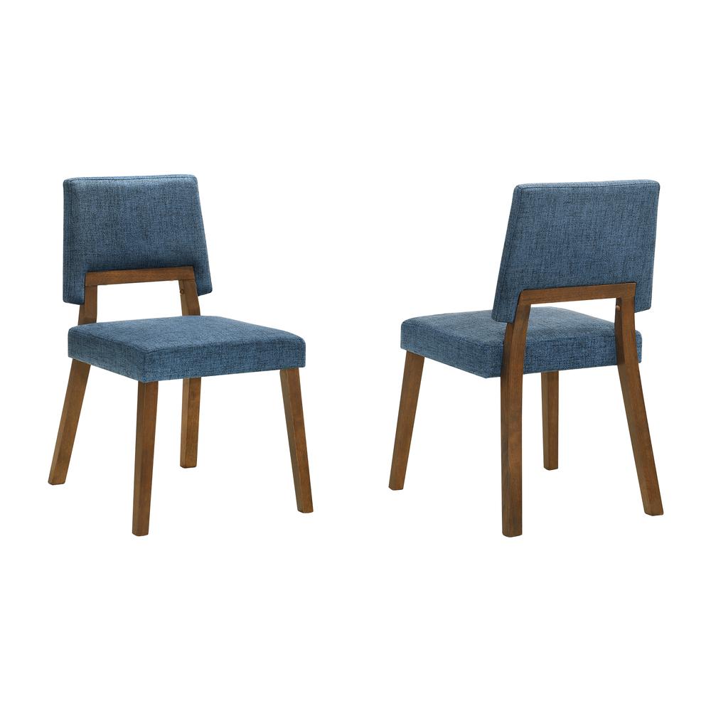 Channell Wood Dining Chair in Walnut Finish with Blue Fabric - Set of 2. Picture 1