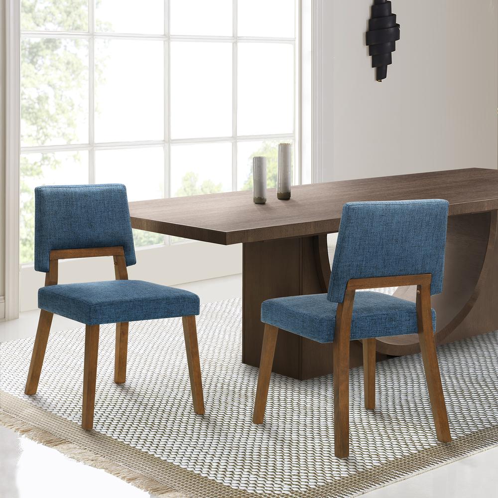 Channell Wood Dining Chair in Walnut Finish with Blue Fabric - Set of 2. Picture 8