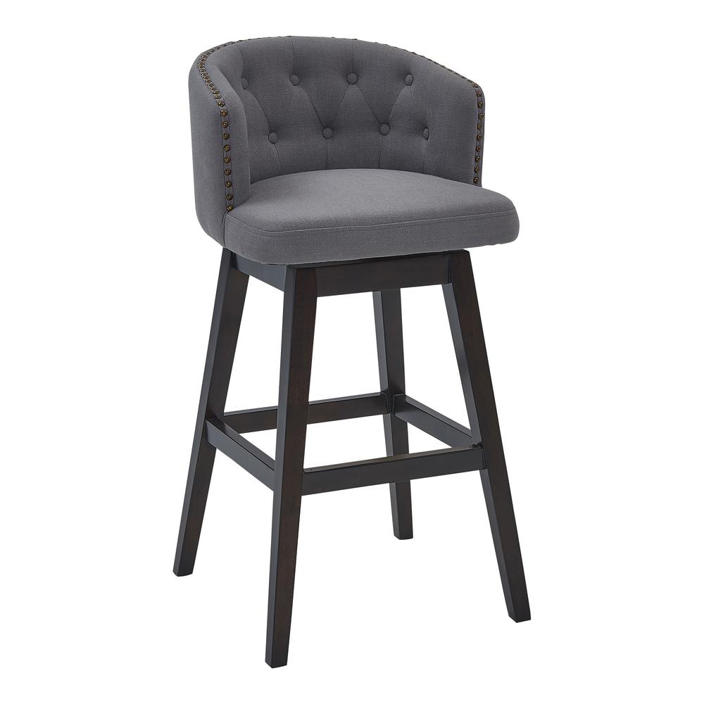 26" Counter Height Wood Swivel Tufted Barstool in Espresso Finish with Grey Fabric. Picture 1