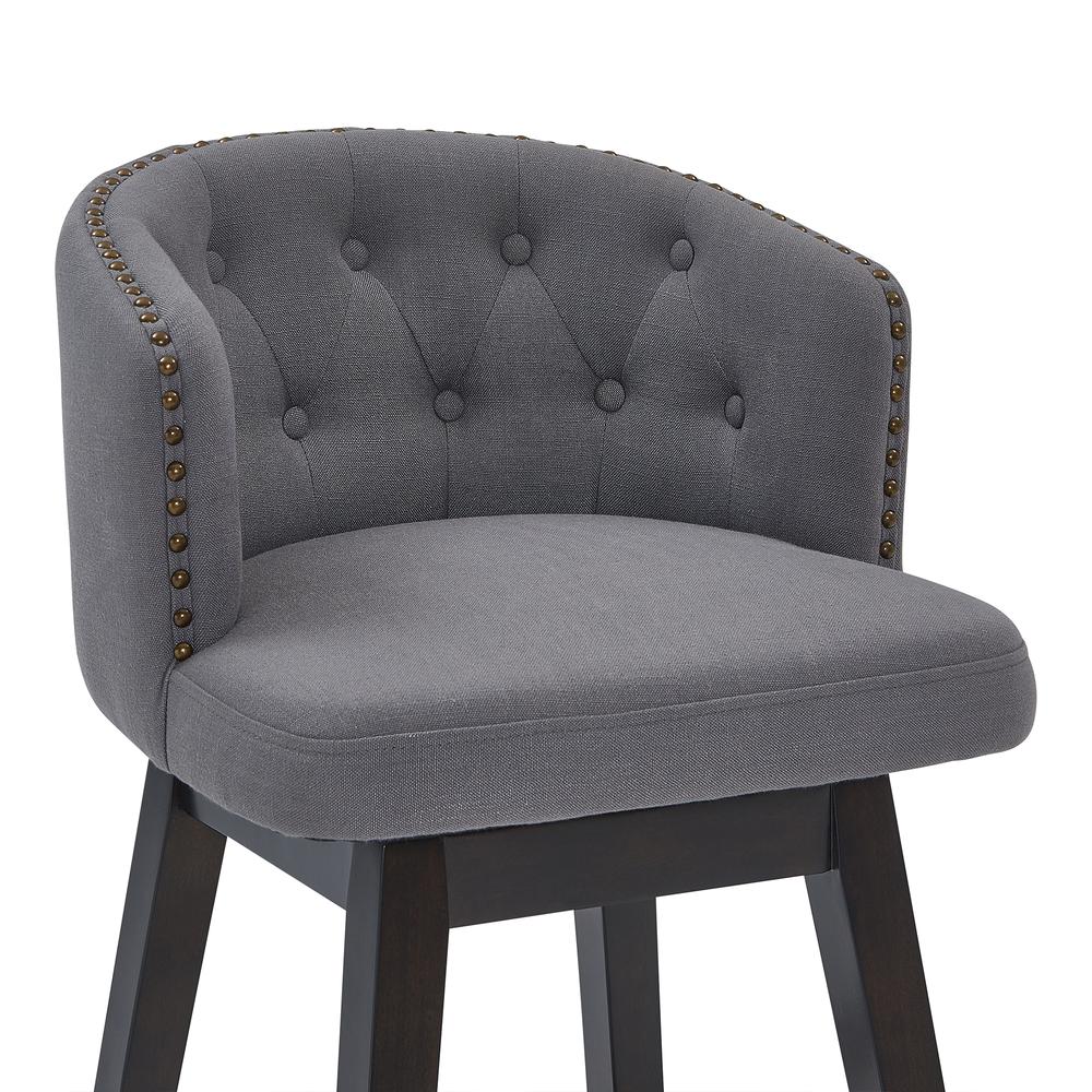 Celine 26" Counter Height Wood Swivel Tufted Barstool in Espresso Finish with Grey Fabric. Picture 4