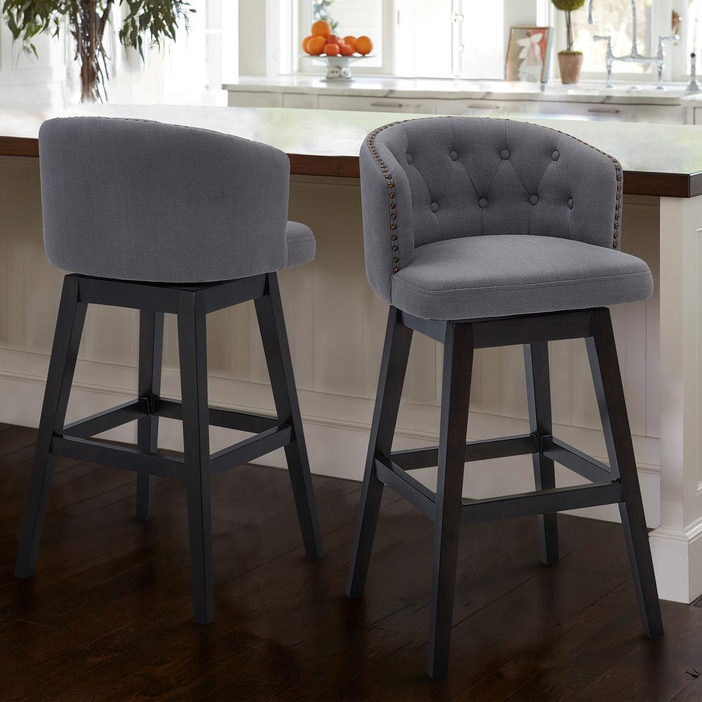 26" Counter Height Wood Swivel Tufted Barstool in Espresso Finish with Grey Fabric. Picture 8