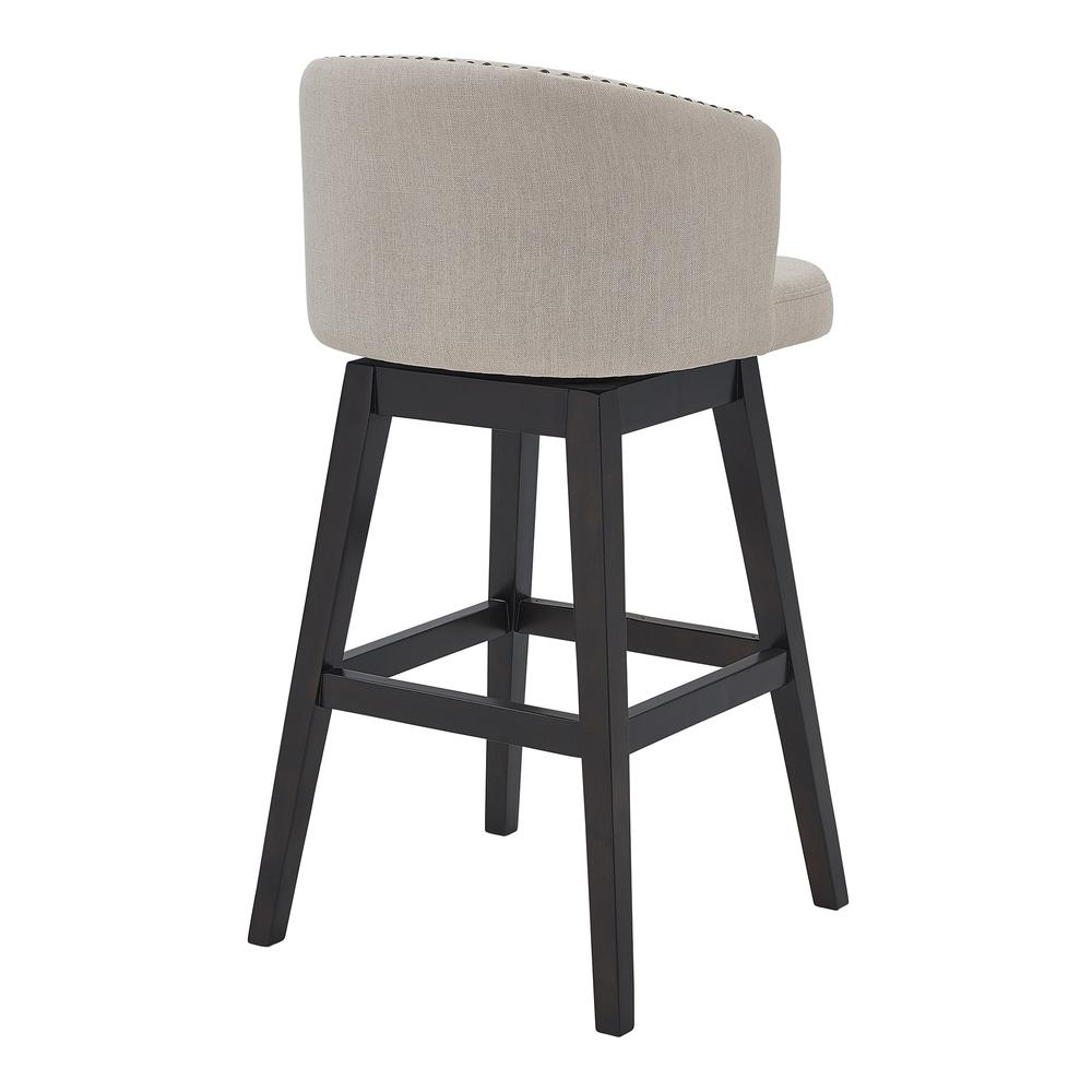 Celine 30" Bar Height Wood Swivel Tufted Barstool in Espresso Finish with Tan Fabric. Picture 3
