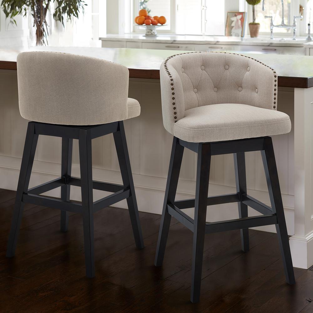 30" Bar Height Wood Swivel Tufted Barstool in Espresso Finish with Tan Fabric. Picture 8