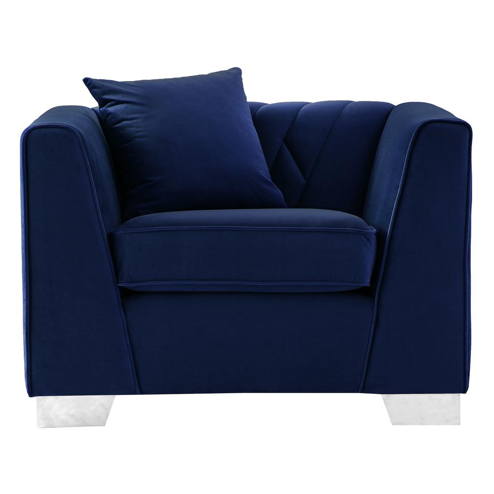 Cambridge Contemporary Chair in Brushed Stainless Steel and Blue Velvet. Picture 1