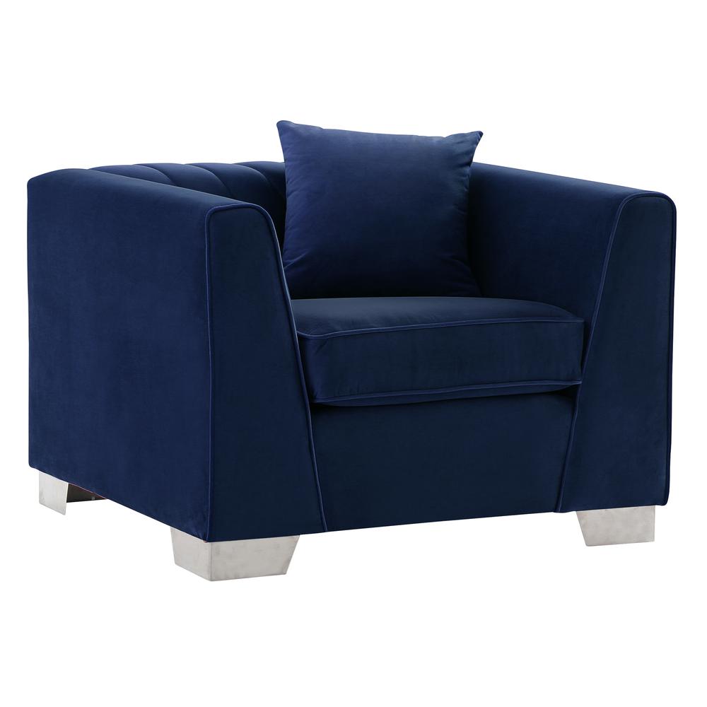 Cambridge Contemporary Chair in Brushed Stainless Steel and Blue Velvet. Picture 2