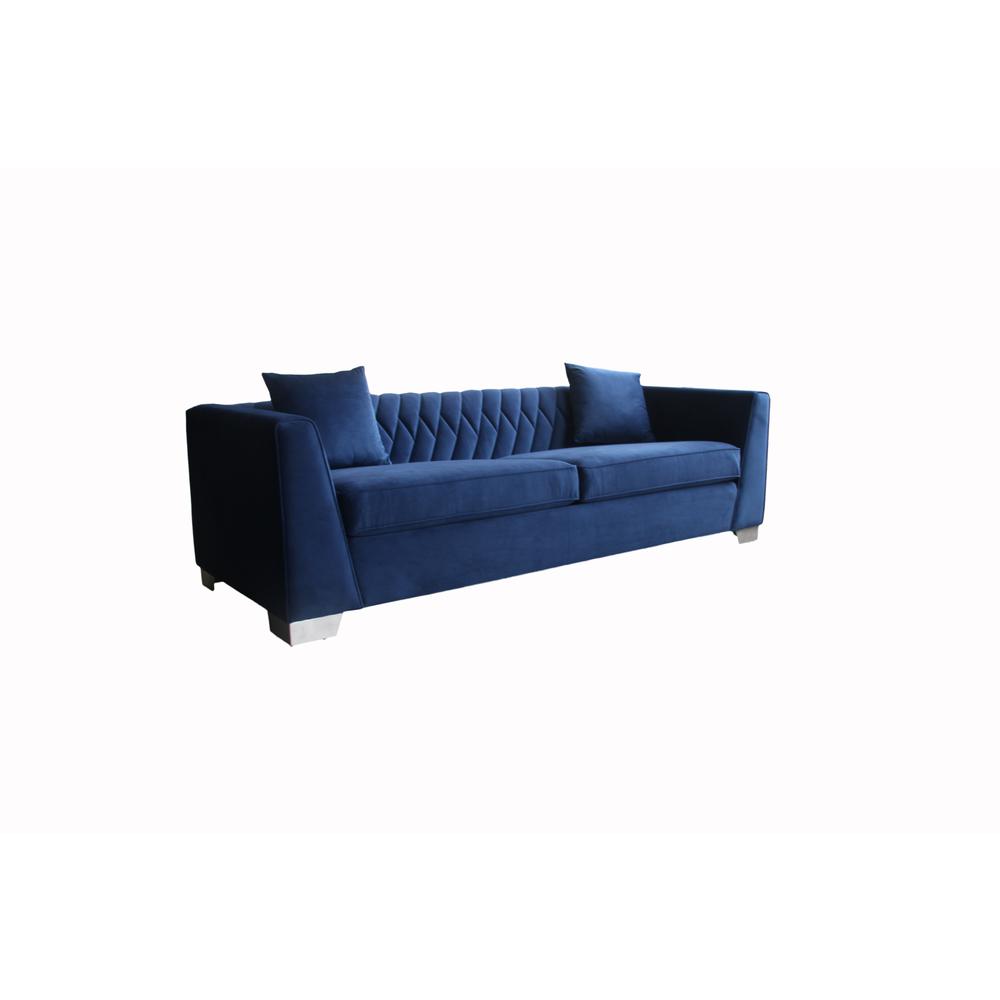 Cambridge Contemporary Sofa in Brushed Stainless Steel and Blue Velvet. Picture 1