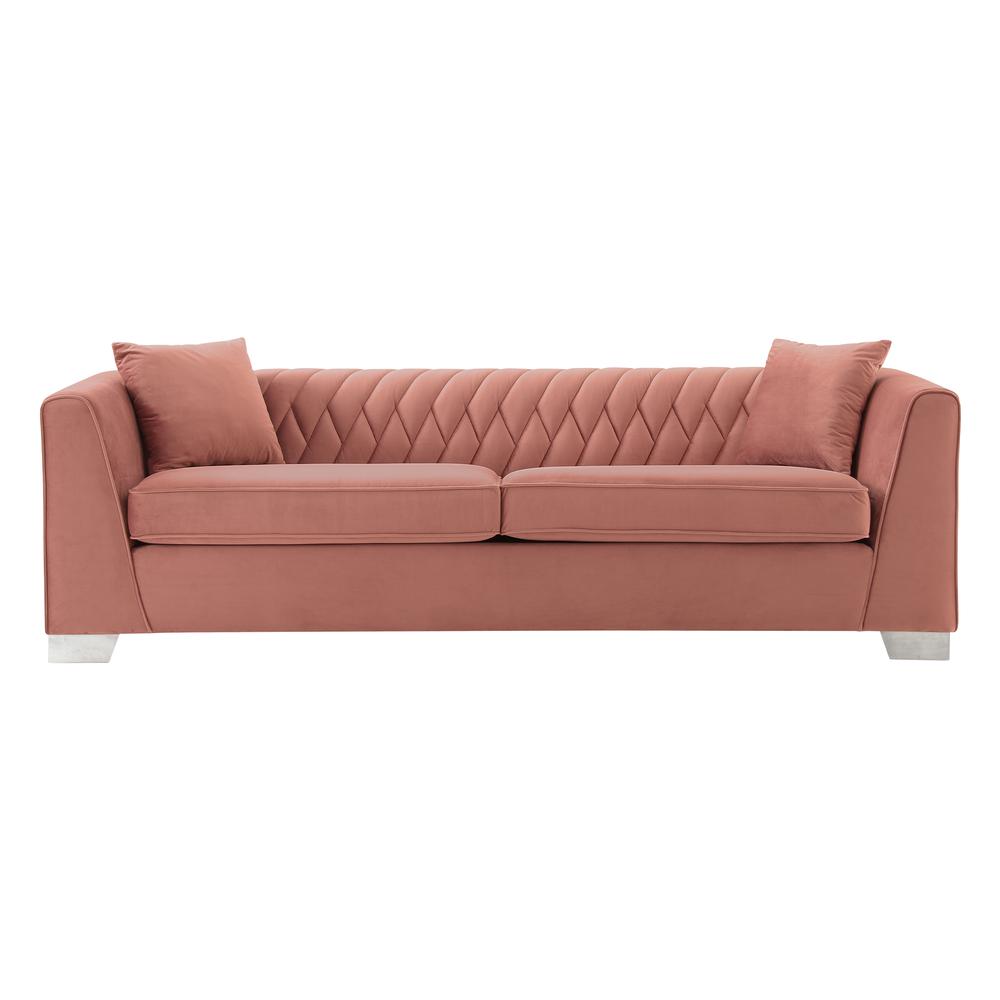 Contemporary Sofa in Brushed Stainless Steel and Blush Velvet. The main picture.