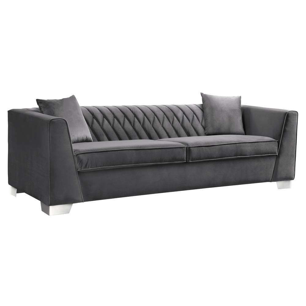 Armen Living Cambridge Contemporary Sofa in Brushed Stainless Steel and Dark Grey Velvet. Picture 1