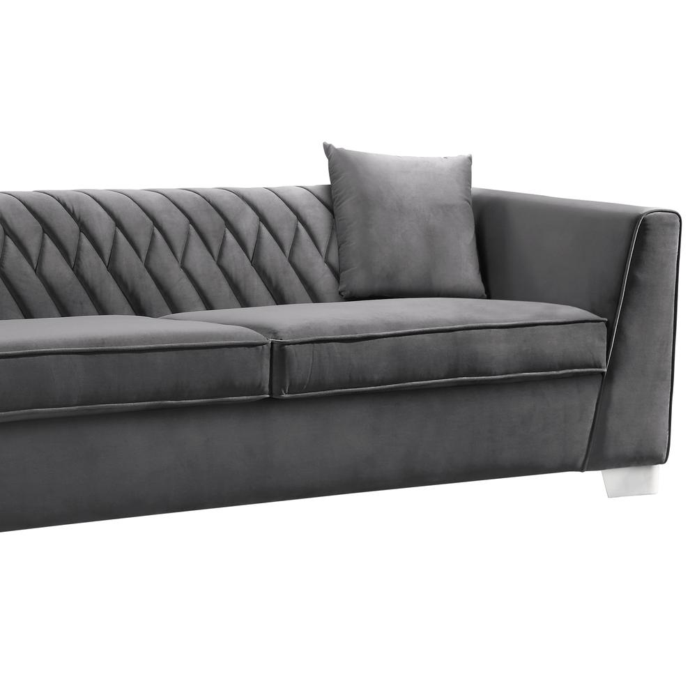 Armen Living Cambridge Contemporary Sofa in Brushed Stainless Steel and Dark Grey Velvet. Picture 2
