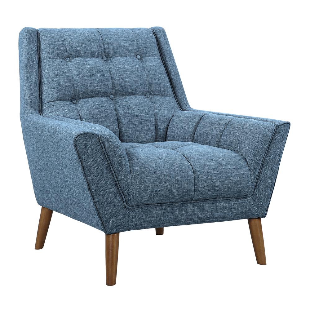 Mid-Century Modern Chair in Blue Linen and Walnut Legs. Picture 1