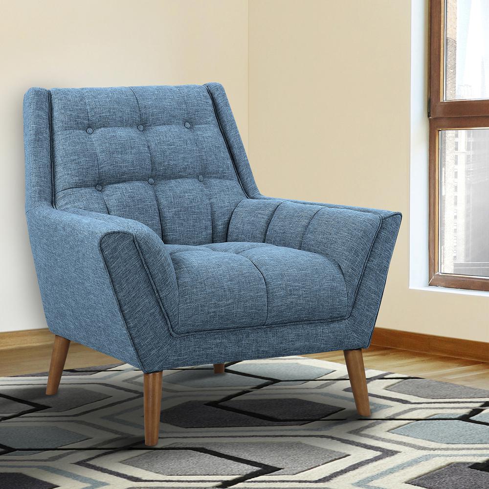 Mid-Century Modern Chair in Blue Linen and Walnut Legs. Picture 6