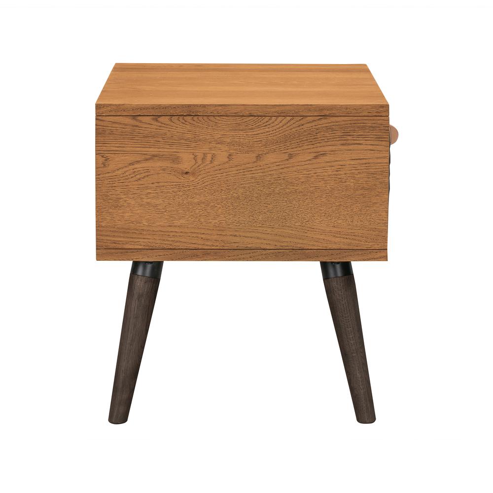 Coco Rustic Single Drawer Oak Wood and Leather Nightstand. Picture 4
