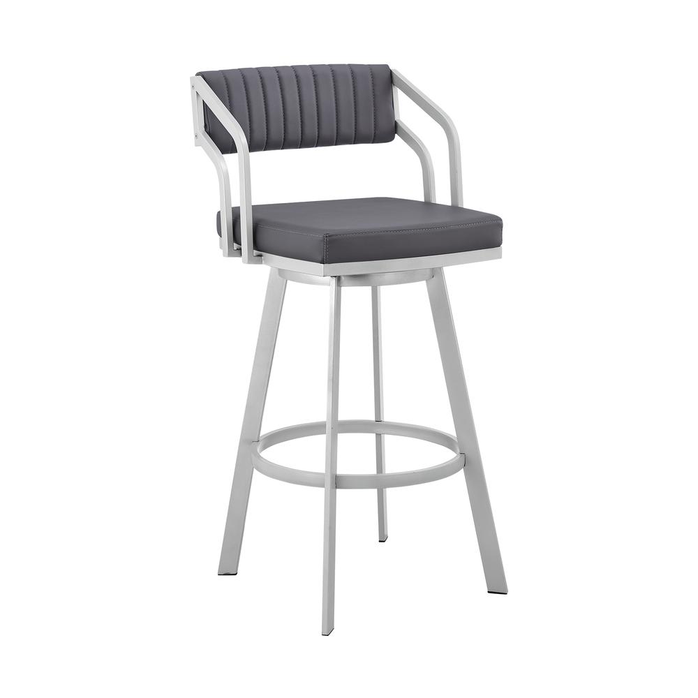 Swivel Slate Grey Faux Leather and Silver Metal Bar Stool. Picture 1