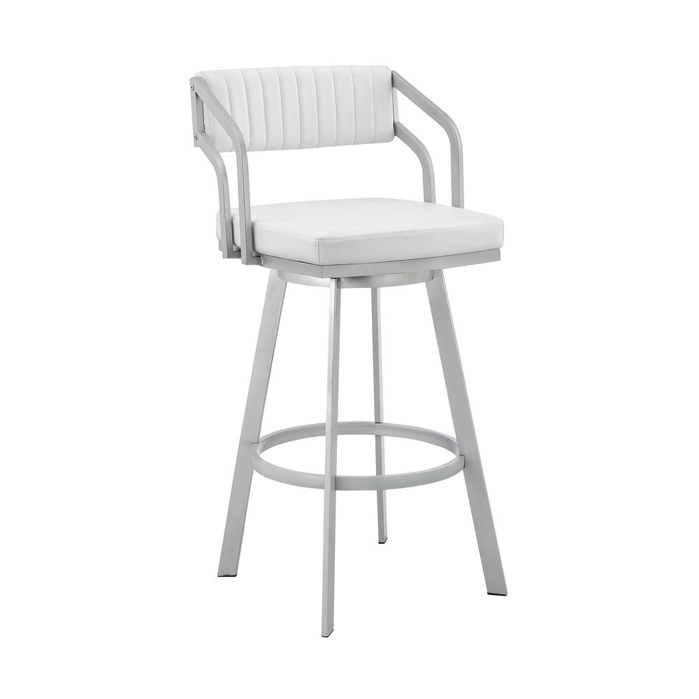Swivel White Faux Leather and Silver Metal Bar Stool. Picture 1