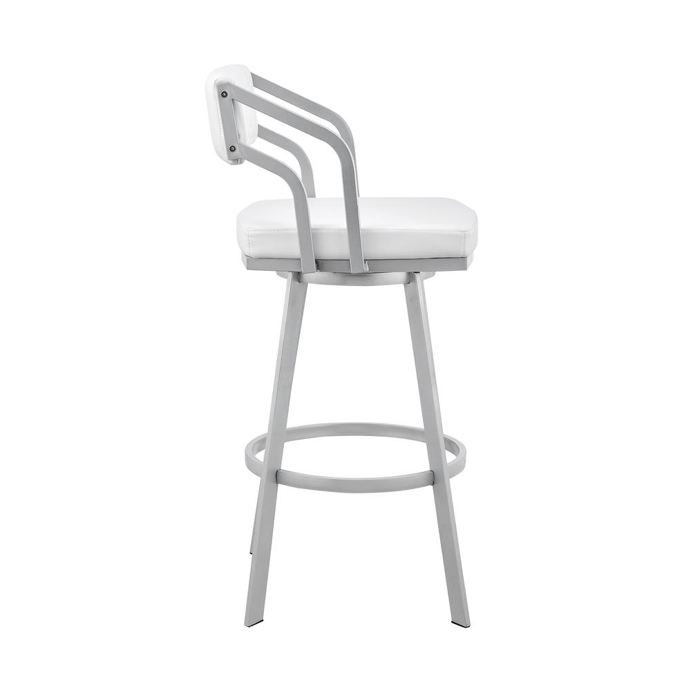 Swivel White Faux Leather and Silver Metal Bar Stool. Picture 3