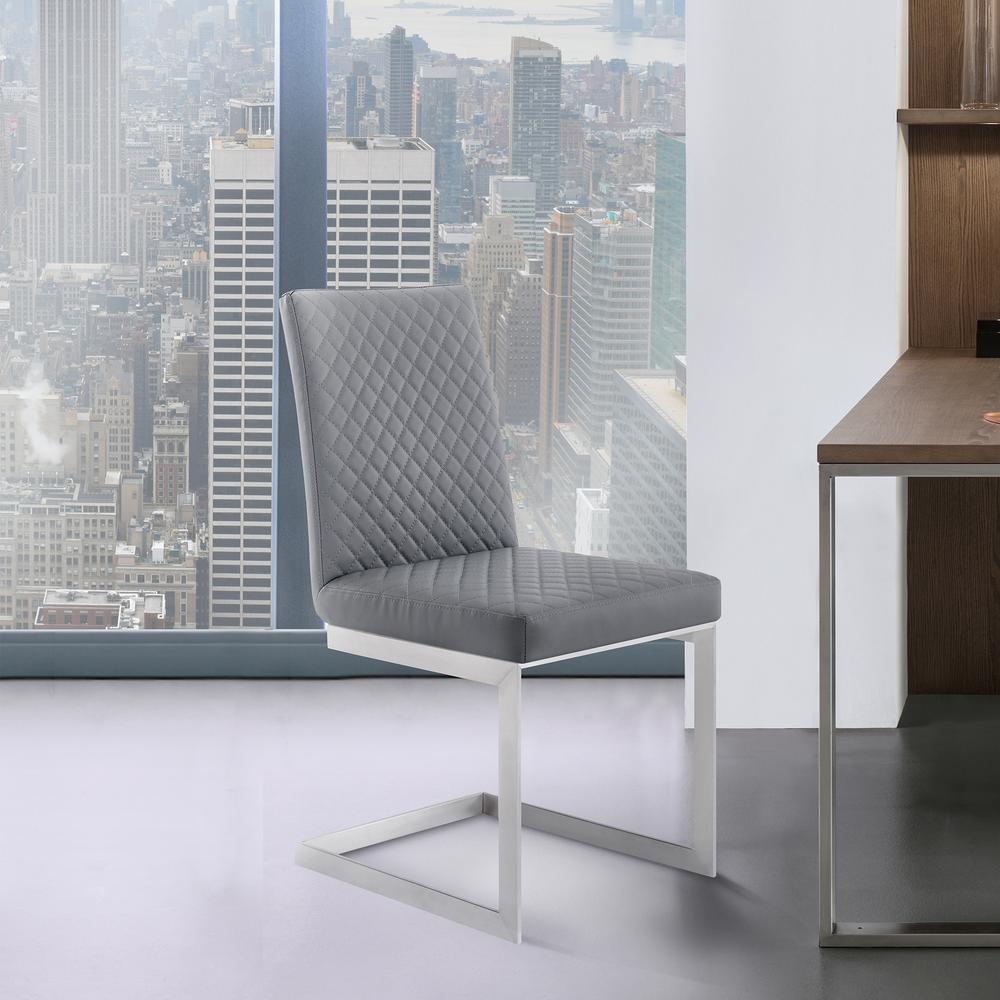 Contemporary Dining Chair in Brushed Stainless Steel and Grey Faux Leather - Set of 2. Picture 9