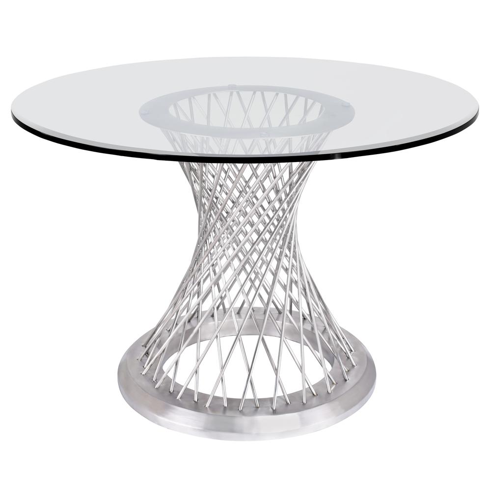 Armen Living Calypso Contemporary Dining Table in Brushed Stainless Steel with Clear Tempered Glass Top. Picture 1