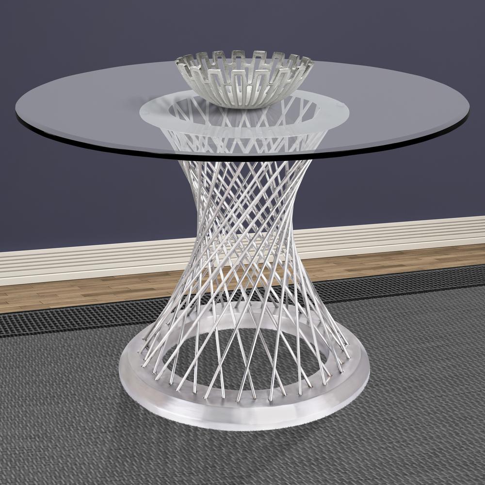 Contemporary Dining Table in Brushed Stainless Steel with Clear Tempered Glass Top. Picture 4