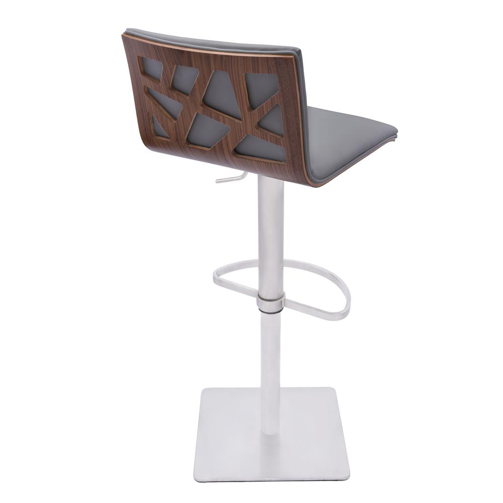Armen Living Crystal Barstool in Brushed Stainless Steel finish with Grey Faux Leather and Walnut Back. Picture 2