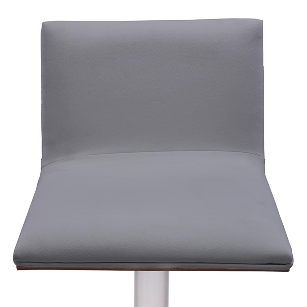 Barstool in Brushed Stainless Steel finish with Grey Faux Leather and Walnut Back. Picture 3
