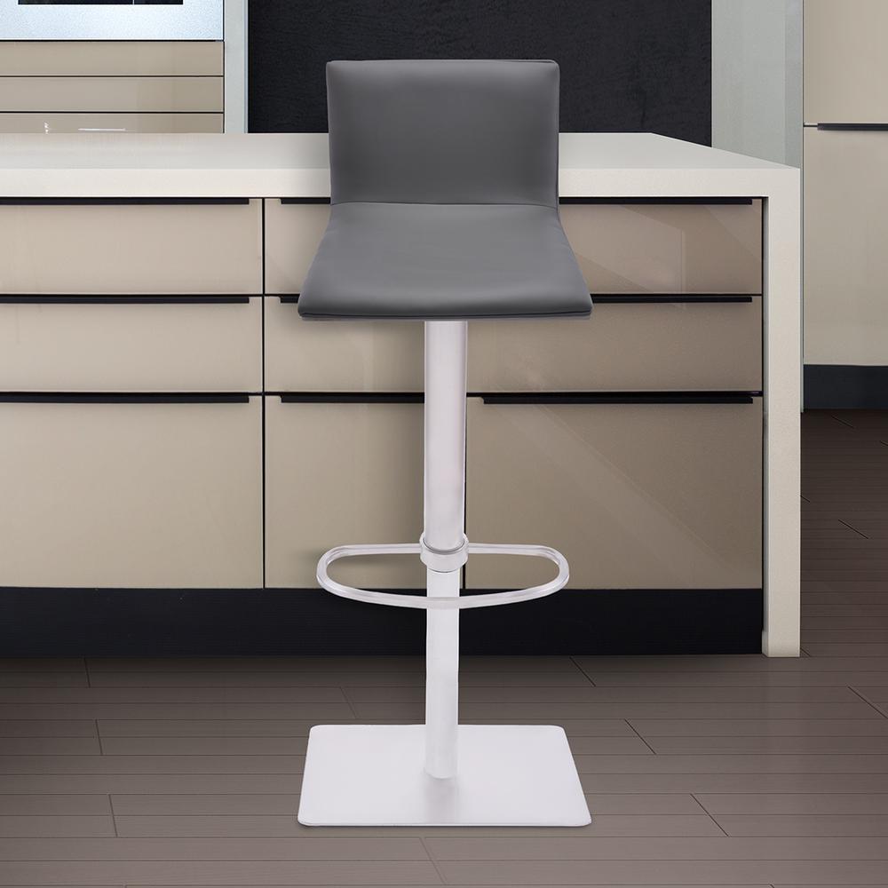 Barstool in Brushed Stainless Steel finish with Grey Faux Leather and Walnut Back. Picture 5