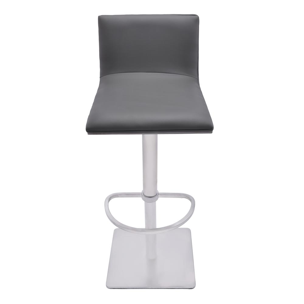 Crystal Adjustable Swivel Barstool in Gray Faux Leather with Brushed Stainless Steel Finish and Gray Walnut Veneer Back. Picture 1
