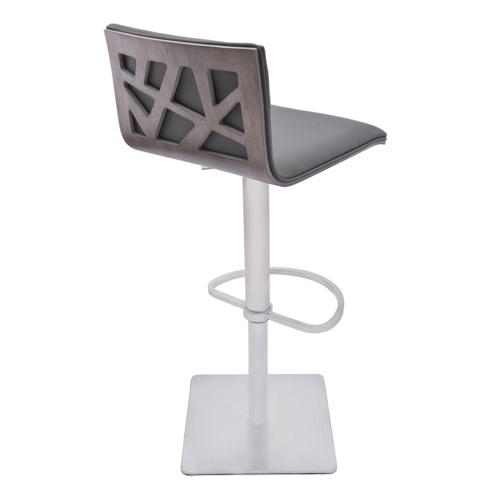 Crystal Adjustable Swivel Barstool in Gray Faux Leather with Brushed Stainless Steel Finish and Gray Walnut Veneer Back. Picture 2