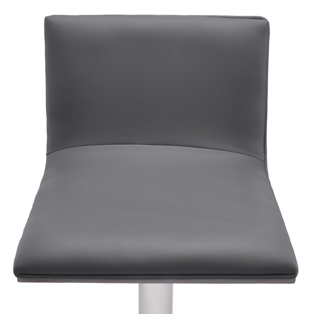 Crystal Adjustable Swivel Barstool in Gray Faux Leather with Brushed Stainless Steel Finish and Gray Walnut Veneer Back. Picture 3
