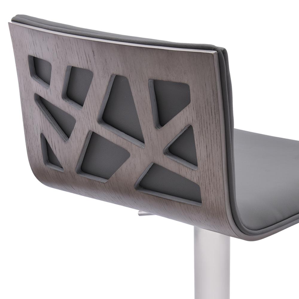 Crystal Adjustable Swivel Barstool in Gray Faux Leather with Brushed Stainless Steel Finish and Gray Walnut Veneer Back. Picture 4