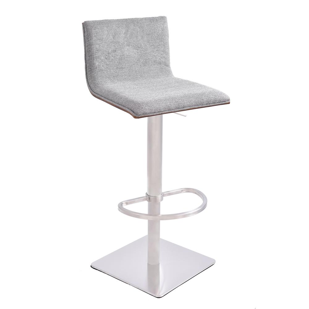 Armen Living Crystal Barstool in Brushed Stainless Steel finish with Grey Fabric and Walnut Back. Picture 1