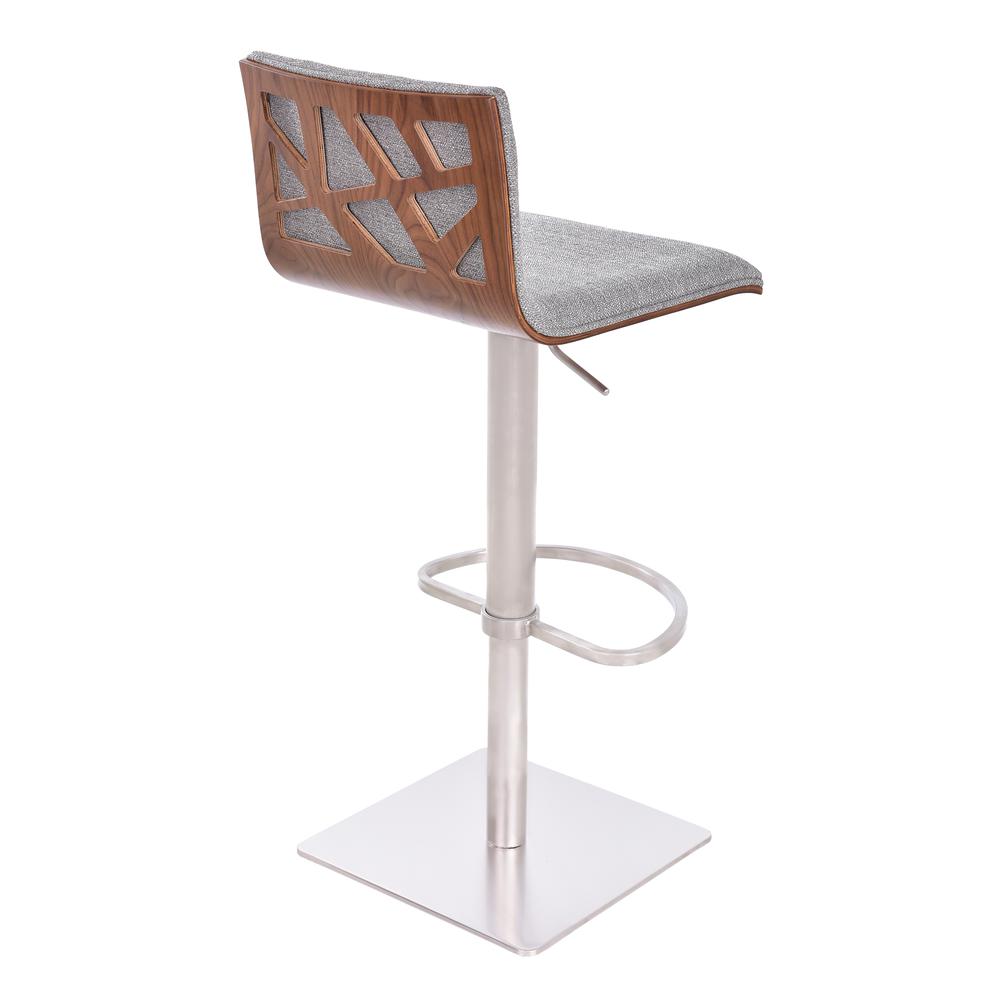 Barstool in Brushed Stainless Steel finish with Grey Fabric and Walnut Back. Picture 2
