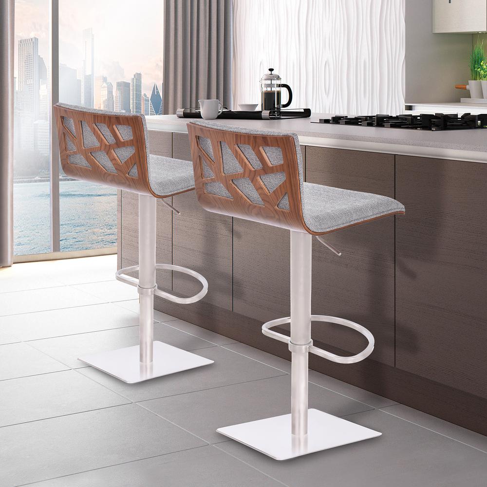 Barstool in Brushed Stainless Steel finish with Grey Fabric and Walnut Back. Picture 5