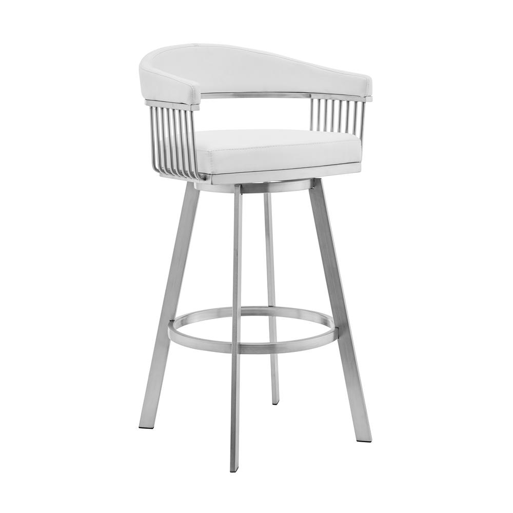 Chelsea 26" White Faux Leather and Brushed Stainless Steel Swivel Bar Stool. Picture 1