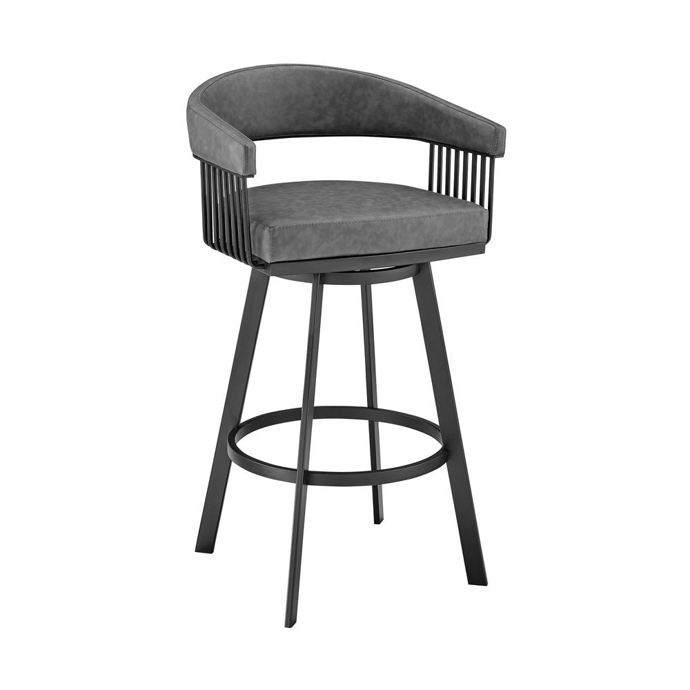 Chelsea 26" Counter Height Swivel Bar Stool in Black Finish and Gray Faux Leather. Picture 1