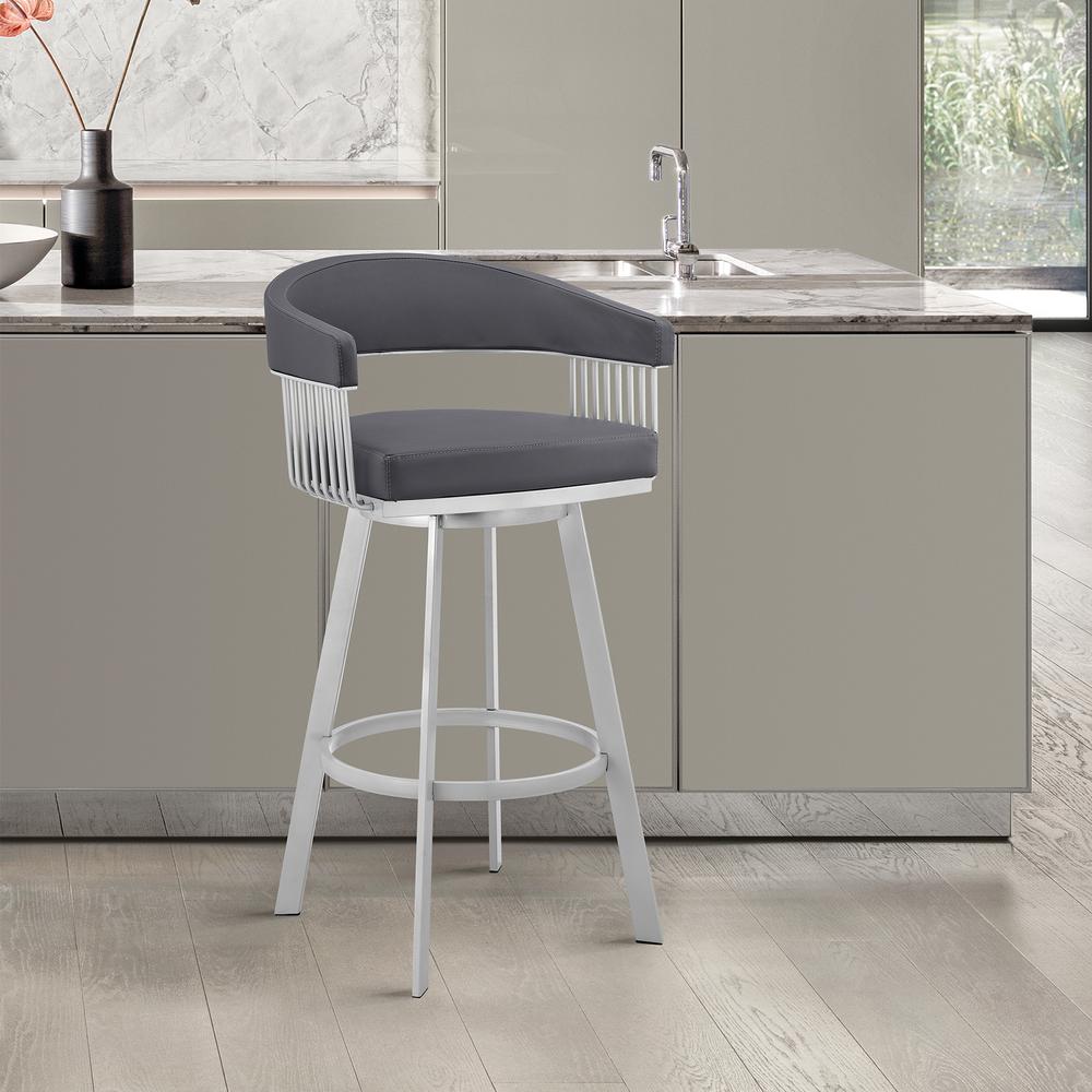 Slate Grey Faux Leather and Silver Metal Bar Stool. Picture 12