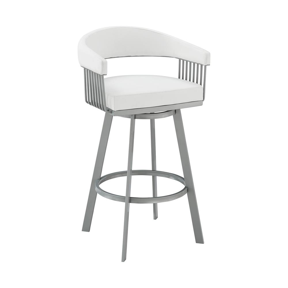 Chelsea 26" Counter Height Swivel Bar Stool in Silver Finish and White Faux Leather. Picture 1