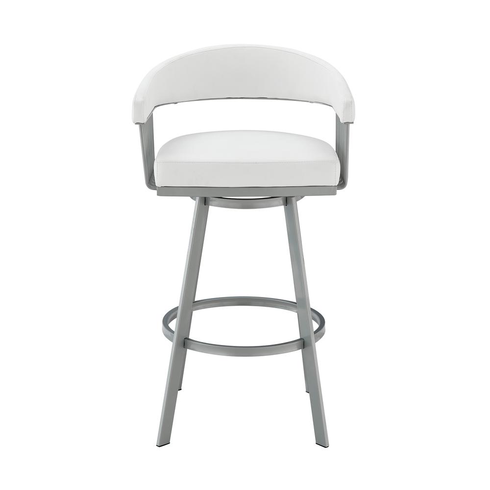Chelsea 26" Counter Height Swivel Bar Stool in Silver Finish and White Faux Leather. Picture 2