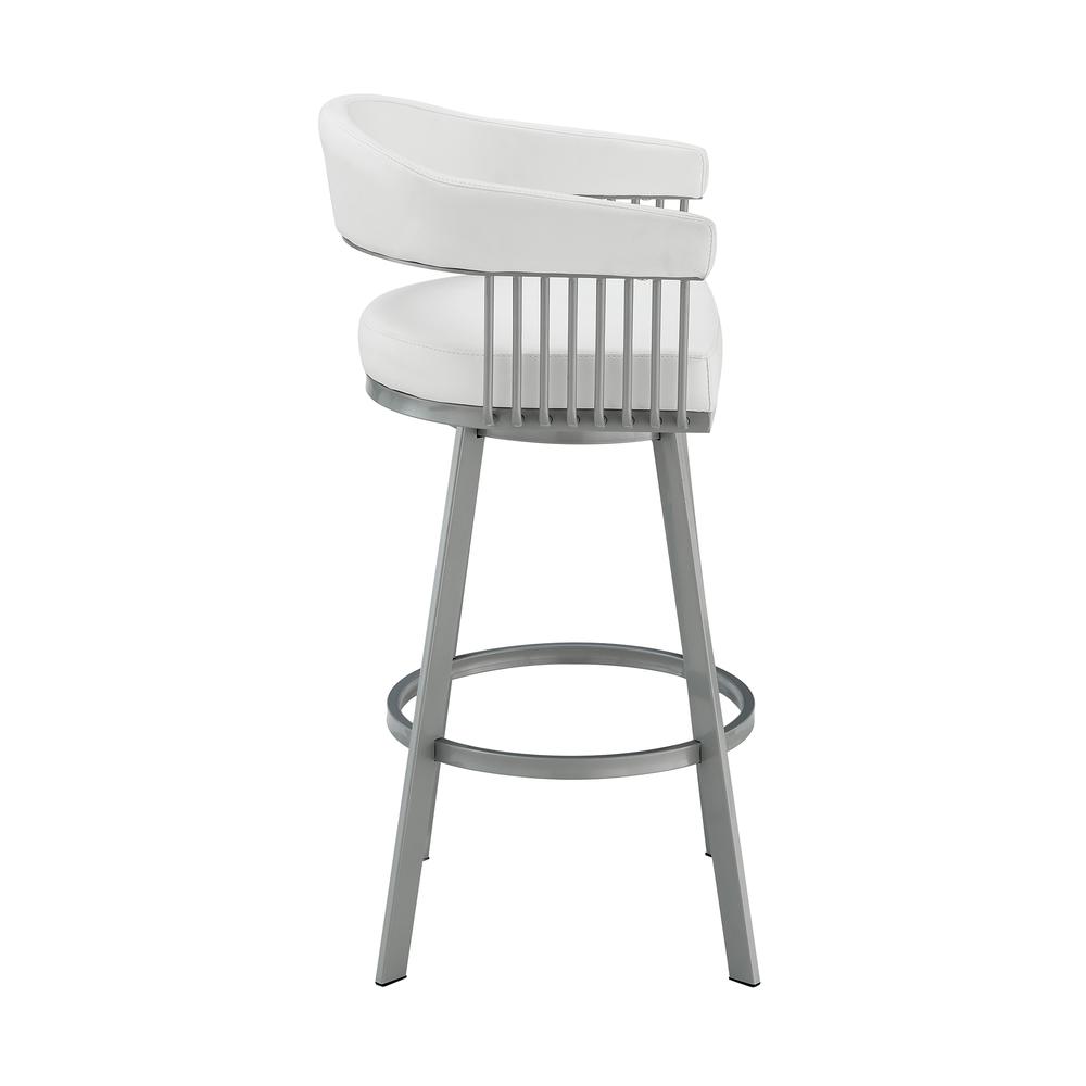 Chelsea 26" Counter Height Swivel Bar Stool in Silver Finish and White Faux Leather. Picture 3