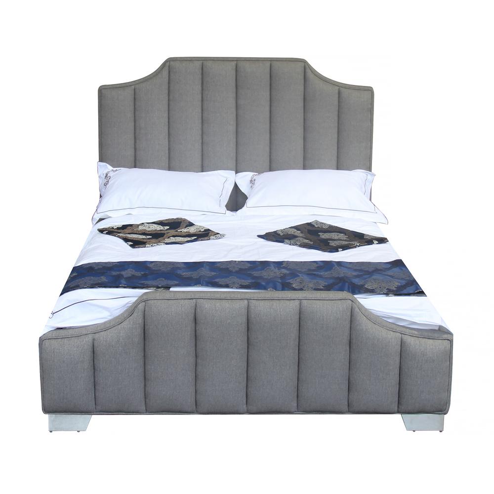 Contemporary Queen Bed with Polished Stainless Steel and Grey Fabric. Picture 1