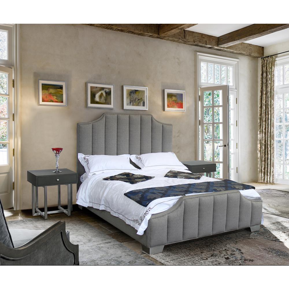 Armen Living Camelot Contemporary Queen Bed with Polished Stainless Steel and Grey Fabric. Picture 2