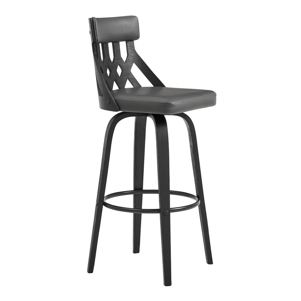 Crux 26" Swivel Counter Stool in Gray Faux Leather and Black Wood. Picture 1
